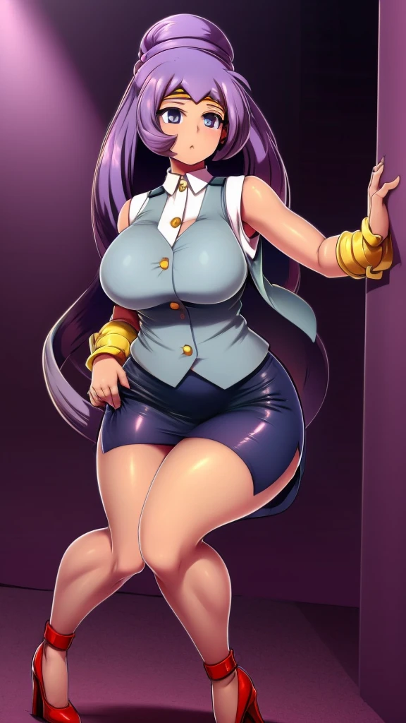 A  Arabian girl, cute beauty, beautiful big chest, long soft wavy light blue hair, her purple eye, she wears a white button-down shirt, wearing a gray sleeveless button-down vest and a metallic purple skirt, a pair of red socks, and yellow heels.