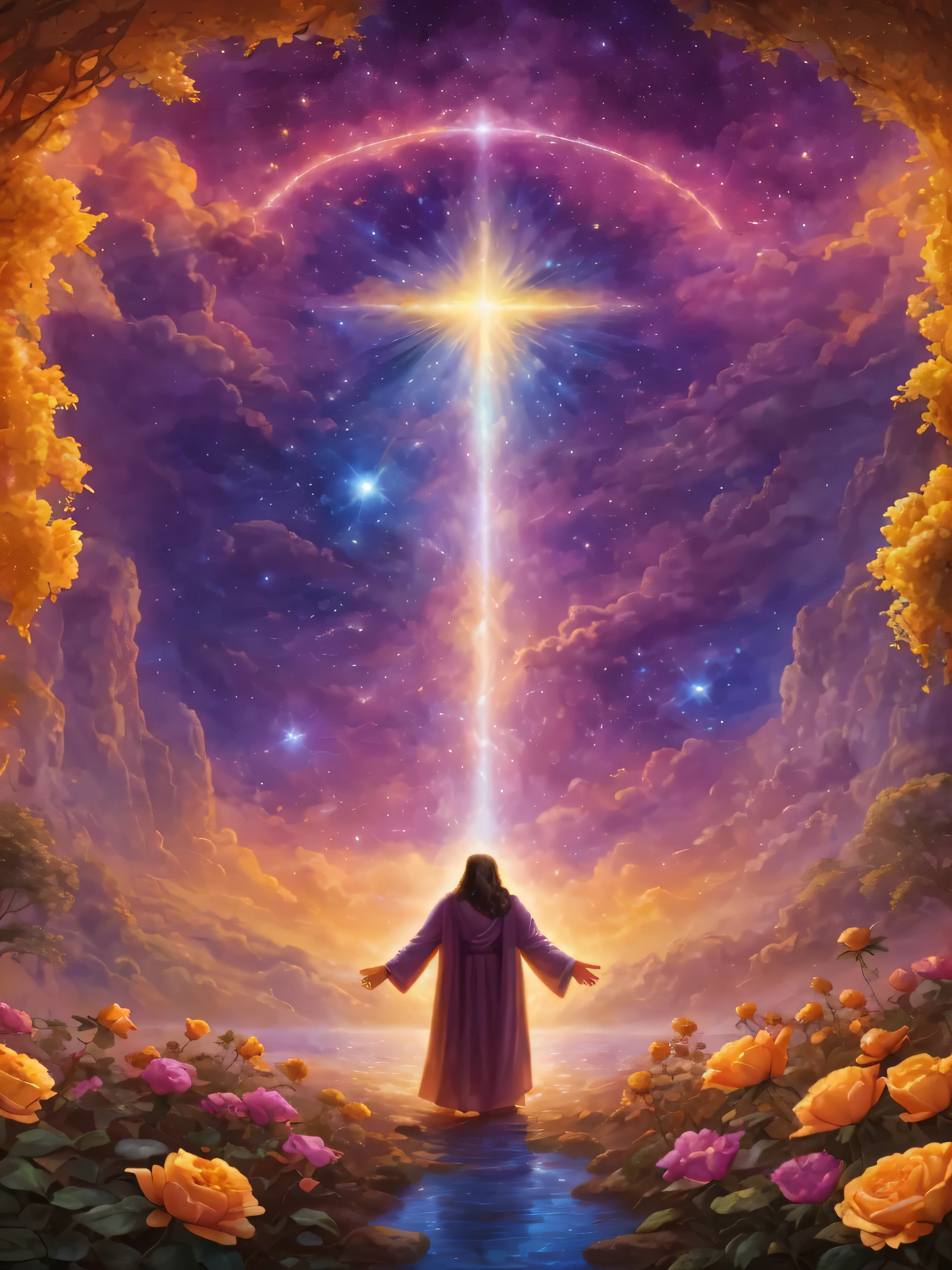 a painting of jesus standing in a garden with flowers and a cross, holy sacred light rays, cosmic enlightenment, spiritual light, holy rays of spiritual light, glowing god rays, spiritual enlightenment, ascended, background artwork, glowing holy aura, light of god, heavenly light, les edwards poster art, ascension, astral travel, reaching towards the heavens, divine light