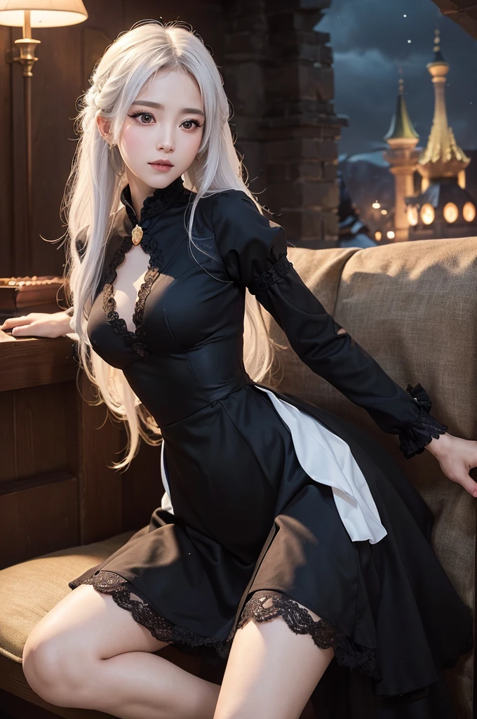 ((masterpiece:1.5,Highest quality,Highly detailed images,Beautiful images、Realistic、Photorealistic、2.5D))(1girl, 独奏)(medium breasts, white hair, black eyes, Healthy legs、Tight ass、Beautiful cleavage)(Fantasy dresses、Fantasy Clothes、Black battle dress、Deep slit)(wind, floating hair)(Inside the castle、The King's Chamber）

