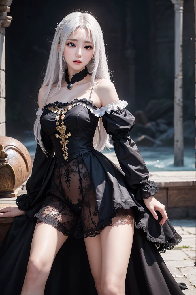 ((masterpiece:1.5,Highest quality,Highly detailed images,Beautiful images、Realistic、Photorealistic、2.5D))(1girl, 独奏)(medium breasts, white hair, black eyes, Healthy legs、Tight ass、Beautiful cleavage)(Fantasy dresses、Fantasy Clothes、Black battle dress、Deep slit)(wind, floating hair)(Inside the castle、The King's Chamber）

