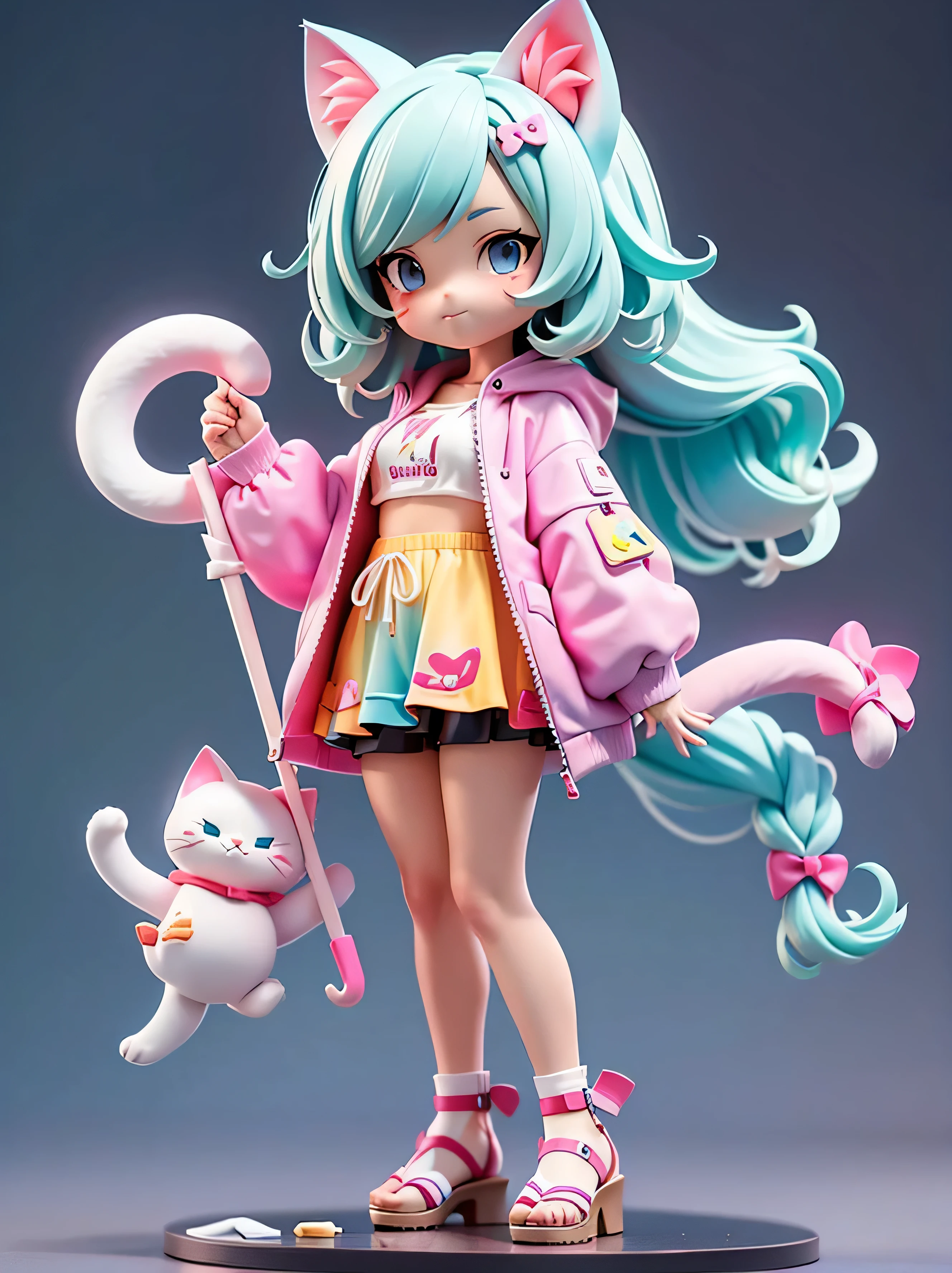 (girl wrapped in colorful plastic raincoat), tchibi, Fluorescent translucent sports fashion trend clothing, wearing sandals, colorful skirt, (clear plastic umbrella), (Candy color hair), (gradient hair), (cat ears), (cat tail), simple bright background, 3D toys, Cyberpunk Style, cinema4d, rendering by octane, 3D model, Collectible toys, nendoroid, Street style,by Pixar, Big shoes, Fashion trends, Close-up, Full body --AR 3:4 --q 2 50 --niji 5 --niji 5 --s 100 --stylistic expression --s 2