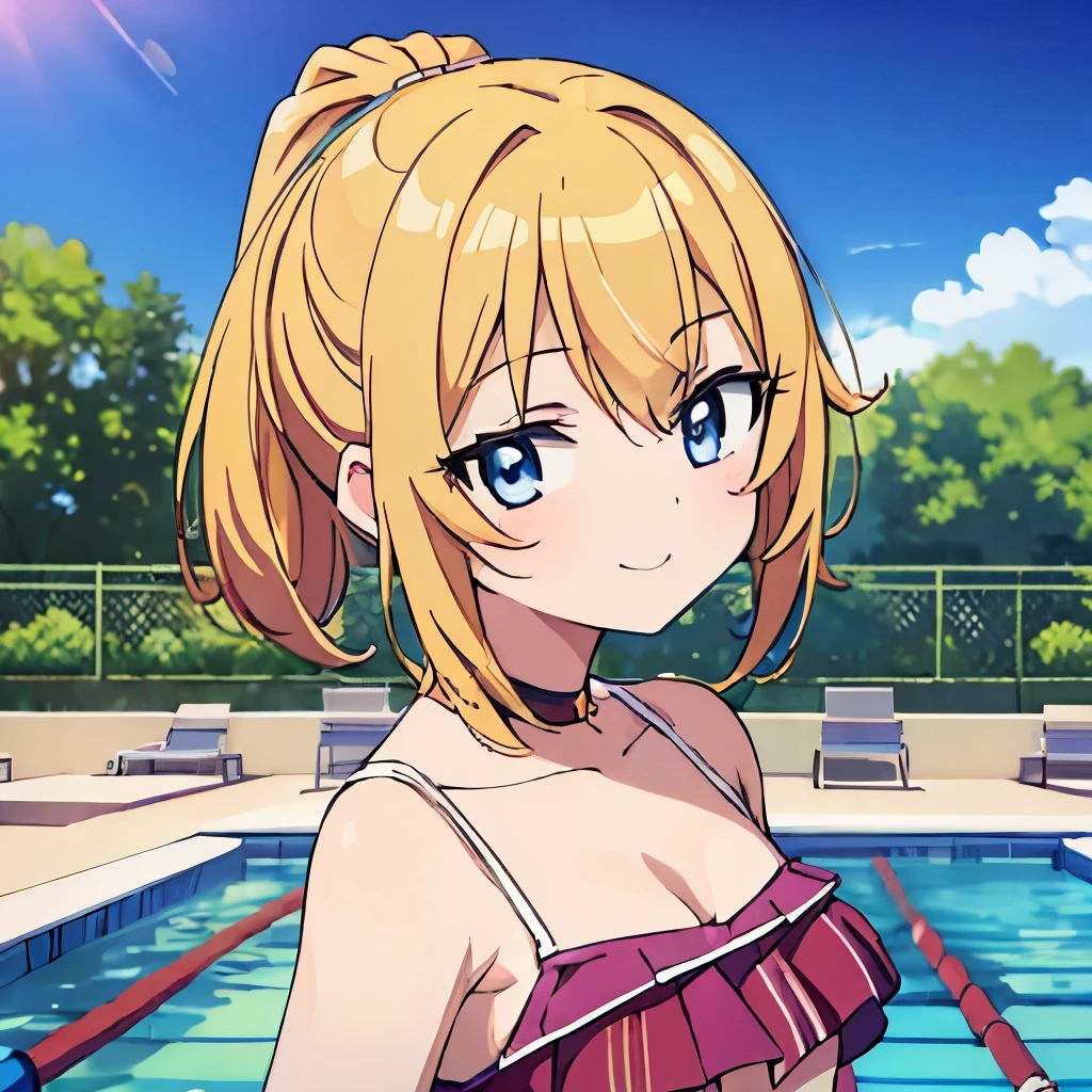 ((masterpiece)), ((best quality)), (ultra-detailed), anime style, pool, a cute girl, 1girl, solo, ((beautiful eyes)), smile, bikini00,
