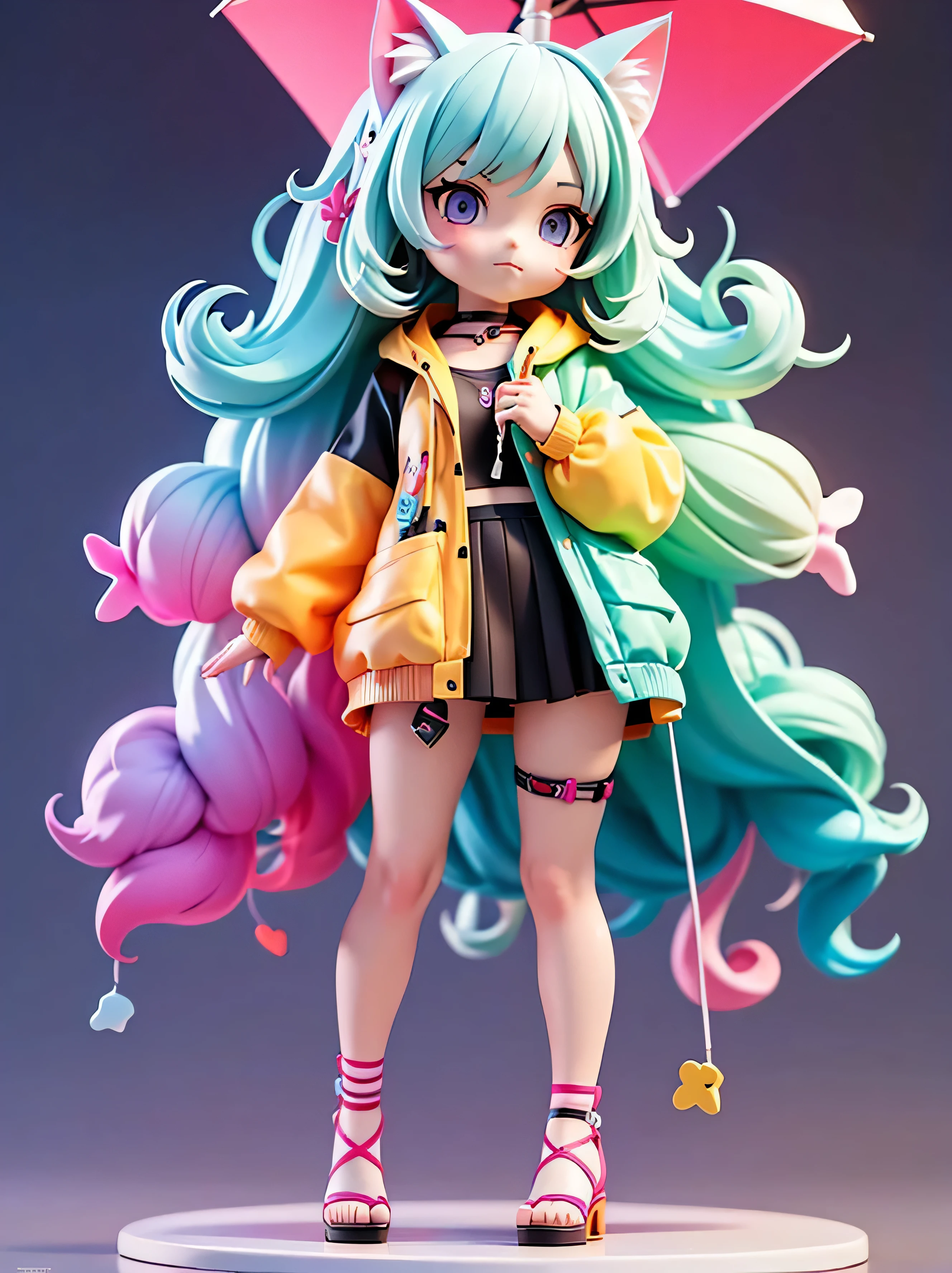 (girl wrapped in colorful plastic raincoat), tchibi, Fluorescent translucent sports fashion trend clothing, wearing sandals, colorful skirt, (clear plastic umbrella), (Candy color hair), (gradient hair), (cat ears), (cat tail), simple bright background, 3D toys, Cyberpunk Style, cinema4d, rendering by octane, 3D model, Collectible toys, nendoroid, Street style,by Pixar, Big shoes, Fashion trends, Close-up, Full body --AR 3:4 --q 2 50 --niji 5 --niji 5 --s 100 --stylistic expression --s 2