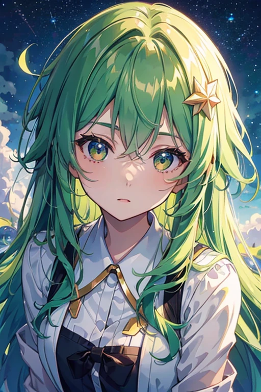 Green-haired girl looks hopefully into the sky, Brown eyes, nimbus, starry sky, hair color shimmers into a gradient from green to blue, luminescence, fluid