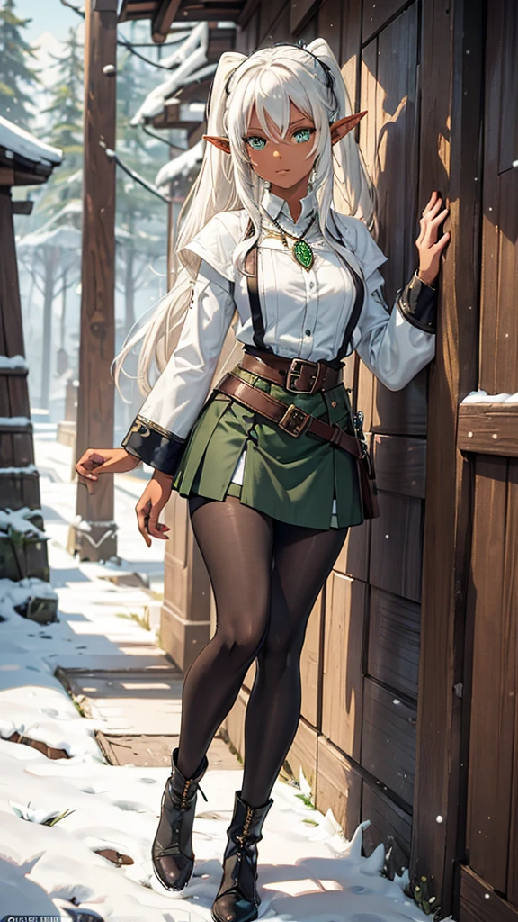 (face focus) (detailed face). Features: An adventurous elf tennager girl, with elven ears, dark skin, brown skinned, a slightly curvy but still flat body and thin waist. She has bright green eyes, big eyes, snow white hair, medium length straight hair, twintail hair style, double ponytail hairstyle and curtain bangs. She has a neutral, apathetic expression on her face. Outfit: She wears black and white adventurer clothes. White coat with buttoned sleeves, a black and white striped shirt underneath, a medium-sized white skirt, a black belt, black pantyhose and brown leather high-boots. Scenario: A dense pine forest by day.
