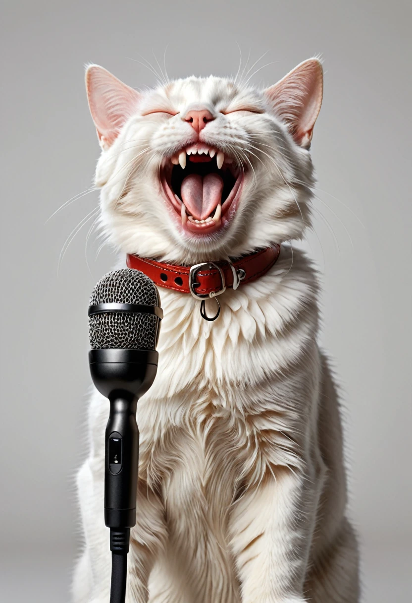 amazing quality, ultra detailed, super realistic, cat rock , happy cat, cute cat, white cat, kind and cutty cat, concert, smile, singing, extremely detailed, there is a cat that is singing song, happy cat, a cat is smiling, smiling cat, happy with his mouth open, funny cat, soft lulling tongue, cat photo, laughing and yelling, cute cat photo, with mouth open, cat, smileeeeeee, photo of a cat, white background, music playing, cat singing with microphone, mouse open, realistic cat. eyes closed in pleasure, red collar. A cat has 30 teeth: 14 are located on the upper jaw, another 16 on the lower jaw. Of these, four are canines (two per jaw), 12 are incisors (6 per jaw), and the remaining 14 are so-called molars, that is, molars and premolars. make teeth natural looking and detailed. shiny red collar. Realistic super detailed cat teeth, pleasure and fun