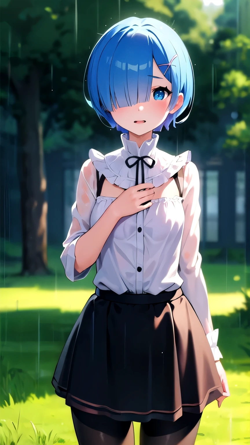 hdr, soft light, ((best quality)), ((masterpiece)), (detailed), remrin, (hair over one eye:1.1),big blue eyes, horny face,skinny fit,small breast, wet transparent blouse, skirt, pantyhose, park,trees,grass,rain, in middle