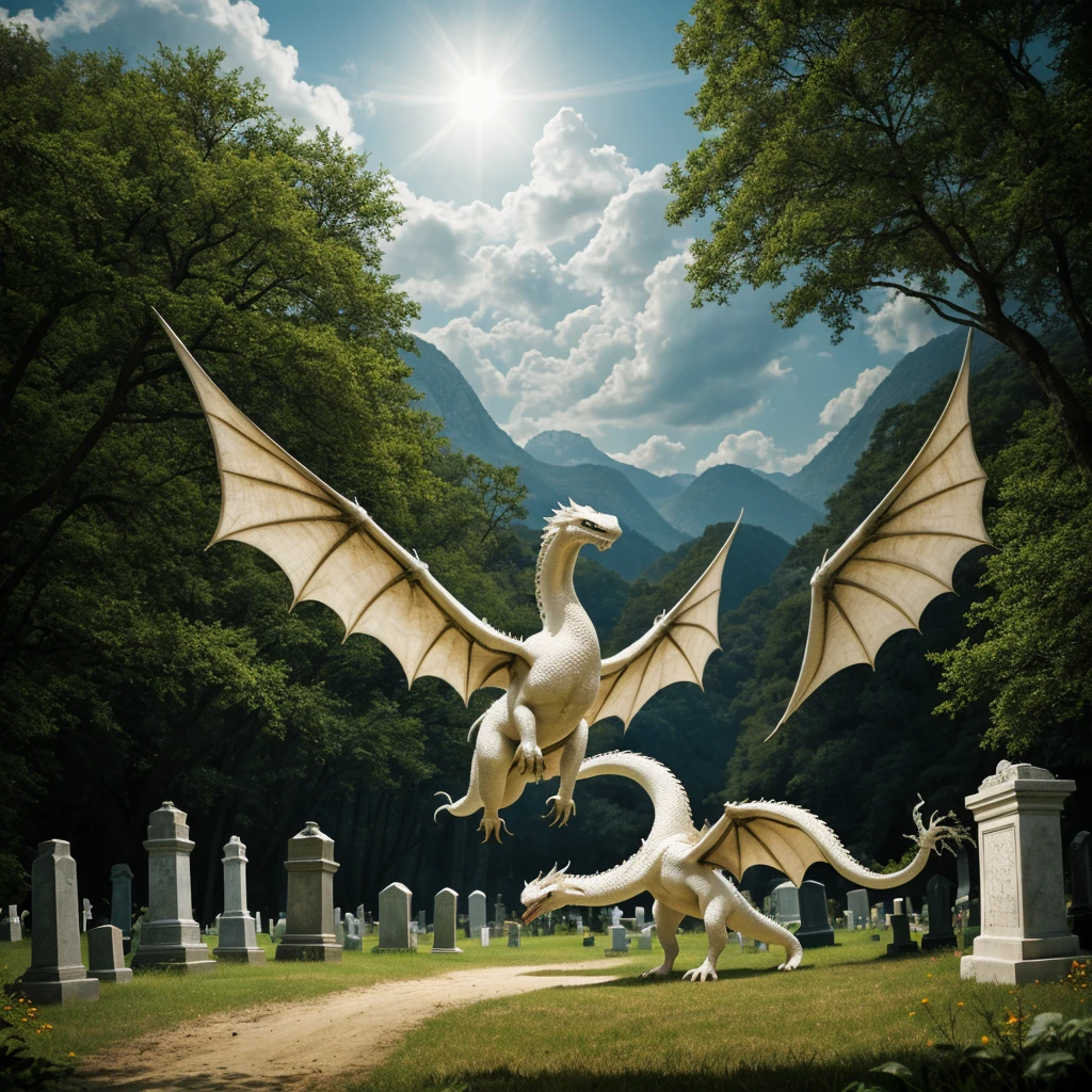 (best quality,4k,highres,masterpiece:1),ultra-detailed,(realistic:1.37),light atmosphere,tomb,white dragon emerging from the earth,vector art,detailed,fangs,wings,fire,earth,day,cemetery,only one dragon