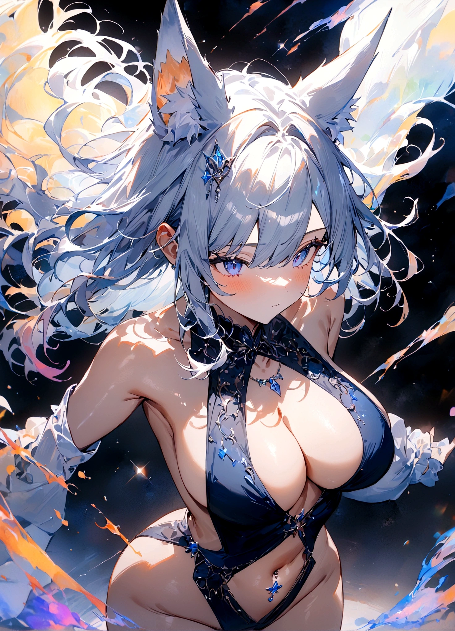 nsfw,(space action style), (Muted Tone), Delicate, Detail, Masterpiece,(colorful) illustration,(colorful) light particles, lens flare, 1girl, big breats,navel piercing, sideboob,shoulders,cleavage,sideless,thighs, Cowboy shot, close-up,from above, dynamic angle, dynamic pose, Artistic, memorable masterpieces, moments in history,(fantastical and mesmerizing scenery) Watercolor:1.6, Delicate, Detail, (masterpiece:1.2),(best quality:1.2),newest,intricate details, fox ears, ear hair