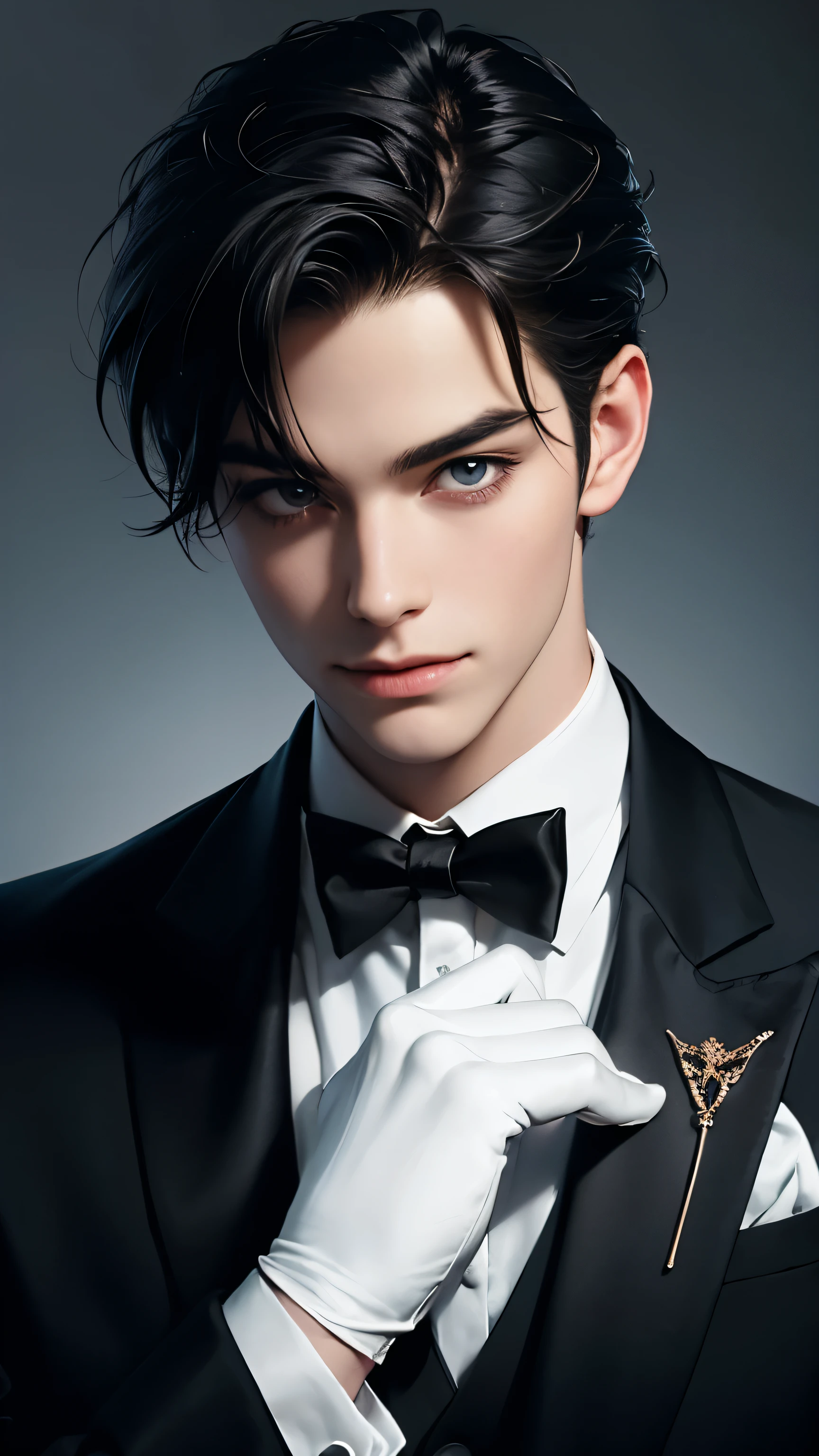 (Absurd, High resolution, Super detailed), 1 male, alone, Adult, good looking, Detailed eyes and face, bridegroom, Wearing a black tuxedo, White gloves, lover \Tarot\, Symbolism, Visual Arts, occult, universal, Vision Casting, philosophical, Iconography, Numerology, Popularity, artistic, Alphonse Mucha, short hair, smile, Happy、Portraiture、youth、sexy、30 years old、Black Butler、devil、