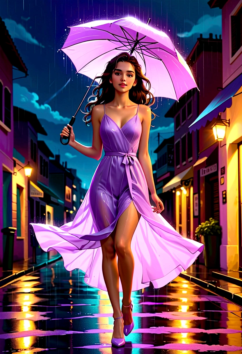  A beautiful young fair girl long dark brown hair who is dressed in a long gown  pastel lavender dress and low-heeled shoes enjoying rain in a rainy night dance with a tall handsome fair boy wearing a black blazzer white shirt and black pants and watch street lamp lights were lightening animate drawing