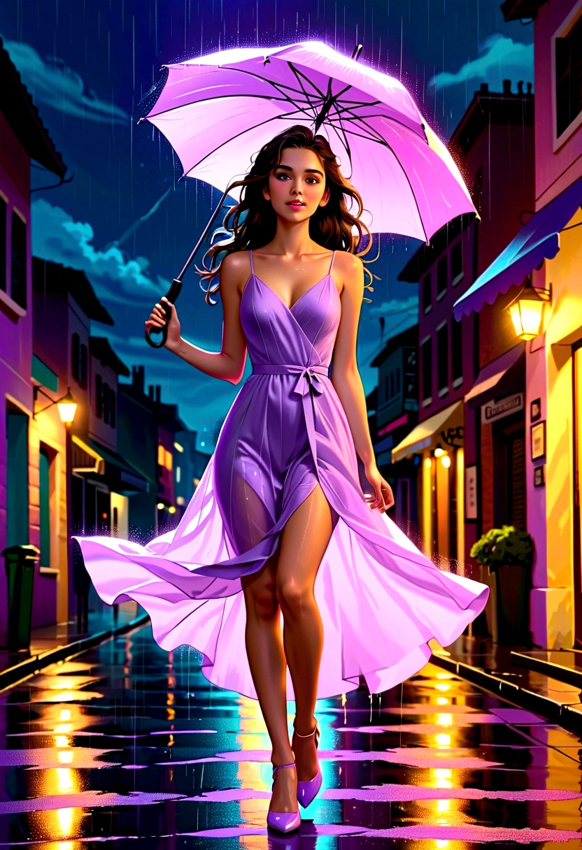  A beautiful young fair girl long dark brown hair who is dressed in a long gown  pastel lavender dress and low-heeled shoes enjoying rain in a rainy night dance with a tall handsome fair boy wearing a black blazzer white shirt and black pants and watch street lamp lights were lightening animate drawing