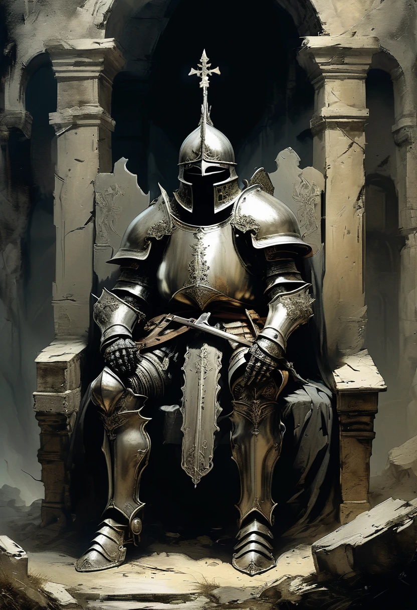 An ancient dead knight in armor sitting on a throne in a castle buried in a cave. Rembrandt's style. Ashley Wood, Stephen Gammell, chemiluminescence. fairytale background) (minimalism: 1), high detail, Greg Rutkowski.