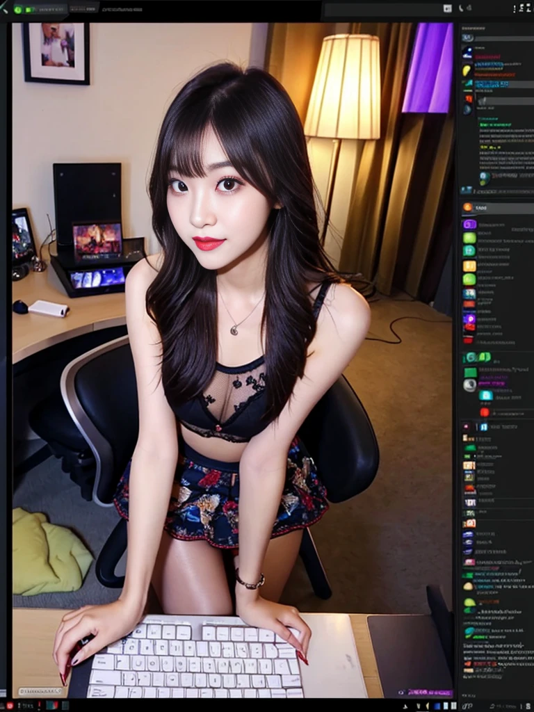 (Bird-eye perspective : 1.5), (((SFW : 1.2))), (intricate details:1.2), (masterpiece:1.3), (top quality:1.4), (Ultra A high resolution:1.2), 8K resolution, dark, (high quality), A woman is filming a Twitch broadcast, enjoying, korean, 23 years old, fairly slim body, femme fatale makeup, slim waist, her legs is slim and beautiful, fan service, hair turned to one side, bang, she being weared feminine dress, pantyhose in skirt, Personal broadcast interface screen, BJ, female Cam, on a private broadcast., Shooting equipment, various props, Room for personal photography purposes, sitting in a chair at the computer desk, cowboy shot, her gaze looking downward, her mouth opened to talking, a little smile, microphone on a desk, Chat communication with viewers, Show chat log, Show viewers list, twitchchat, blackout curtain, indirect light, language is Korean, 