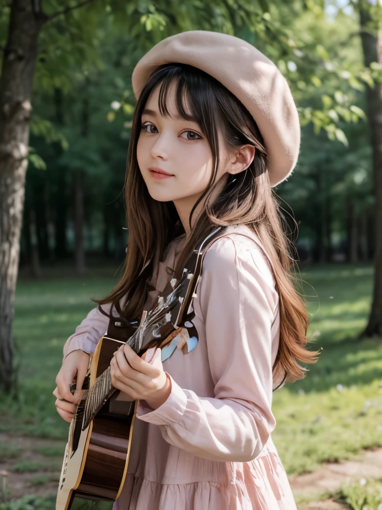 (work of art),(best qualityer),(ultra detali), (whole body:1.2),
1 girl,chibi,cute, ssmile, gaping mouth,
flowers, plein-air, Playing guitar, music, beret, holding guitar, jaket, blush, Tree, :3, chemise, shorth hair, flowerses de cerejeira, green hat, blurry, chestnut hair, blush stickers, long sleeves, bangss, earbuds, Bblack hair, pink flowers,
(beautifull detailed face), (beautiful detailed eyes),
 