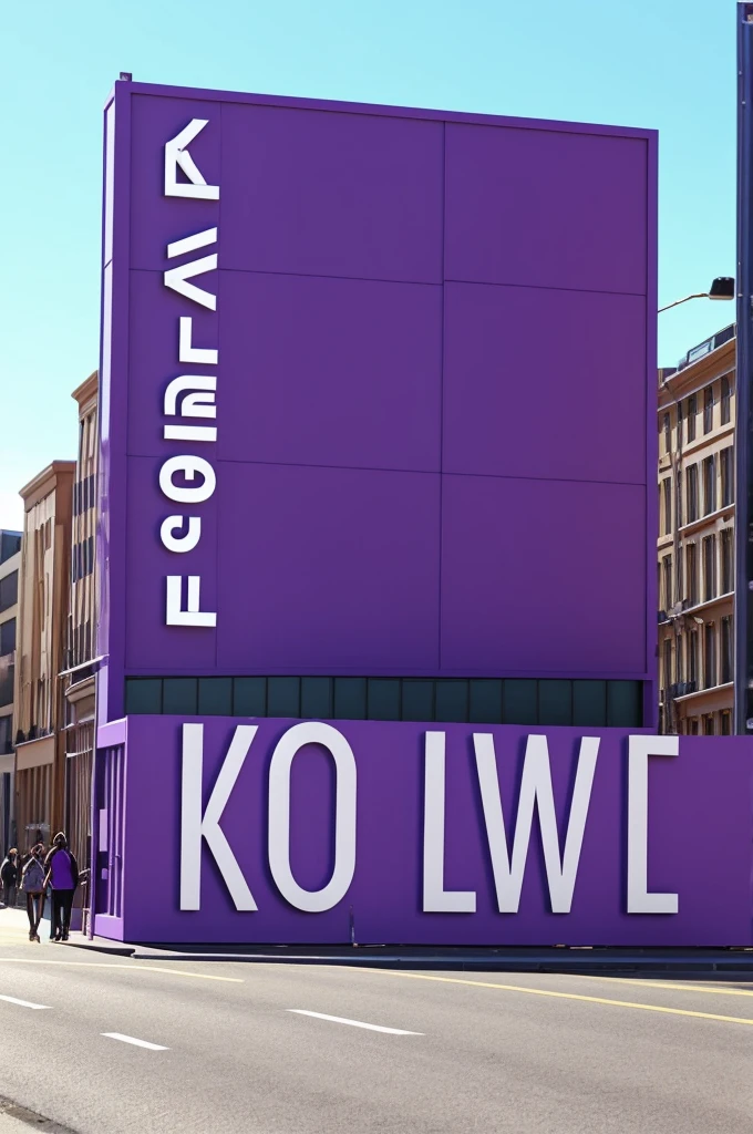 Giant sign that says the word KOELA MAKEUP in purple