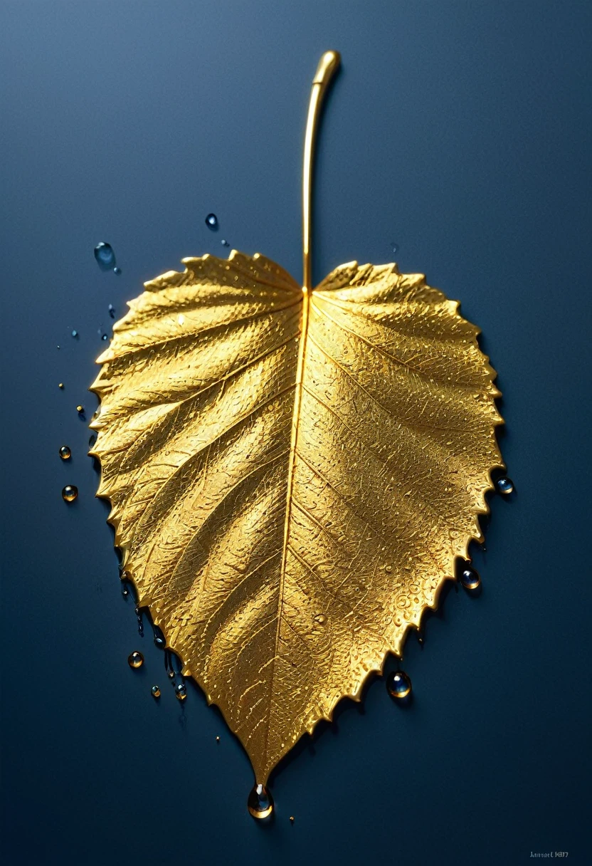 The image shows a work of art depicting a drop of gold. The drop is meticulously detailed, with the veins and textures of the leaf realistically rendered. The drop of gold has a shiny, metallic appearance, and the drop is set against a plain blue background, which contrasts with the golden color and highlights the details of the drop. The artwork is probably created using a technique that involves applying fine drops of gold to a surface, a common method for creating decorative or artistic pieces.