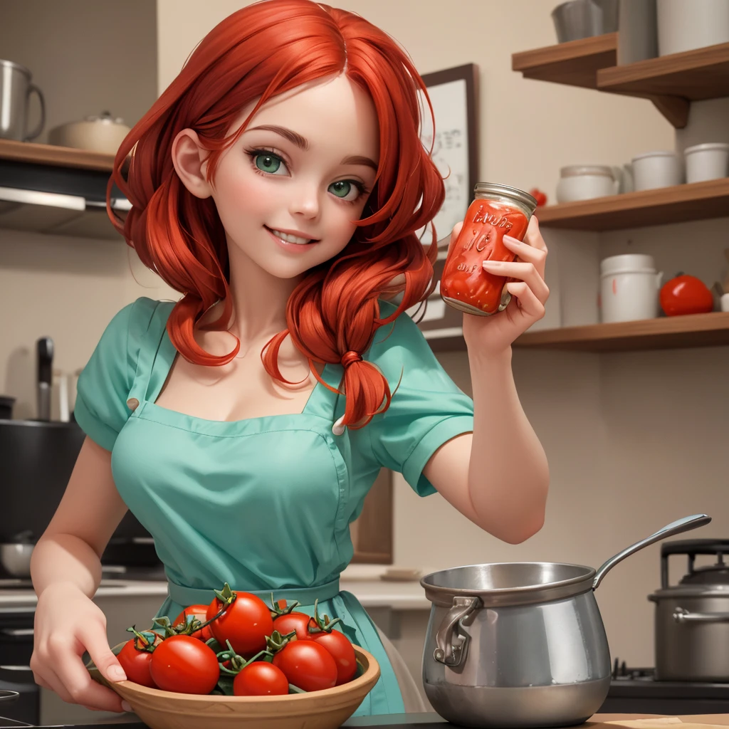 (masterpiece, Best quality, A high resolution, ultra quality), extremely detailed, realistic, complex parts, portrait at the table, Shot at eye level, beautiful 27 year old European, With natural breasts, in a white T-shirt , in a green apron , curly red hair, in cooking, cooking in the kitchen, smiling. ((holding a jar of pickled tomatoes)). Correct hands and fingers.