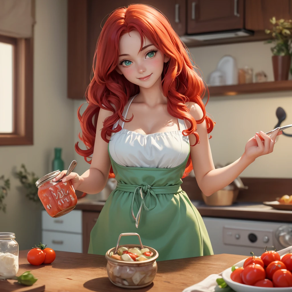 (masterpiece, Best quality, A high resolution, ultra quality), extremely detailed, realistic, complex parts, portrait at the table, Shot at eye level, beautiful 27 year old European, With natural breasts, in a white T-shirt , in a green apron , curly red hair, in cooking, cooking in the kitchen, smiling. ((holding a jar of pickled tomatoes)). Correct hands and fingers.