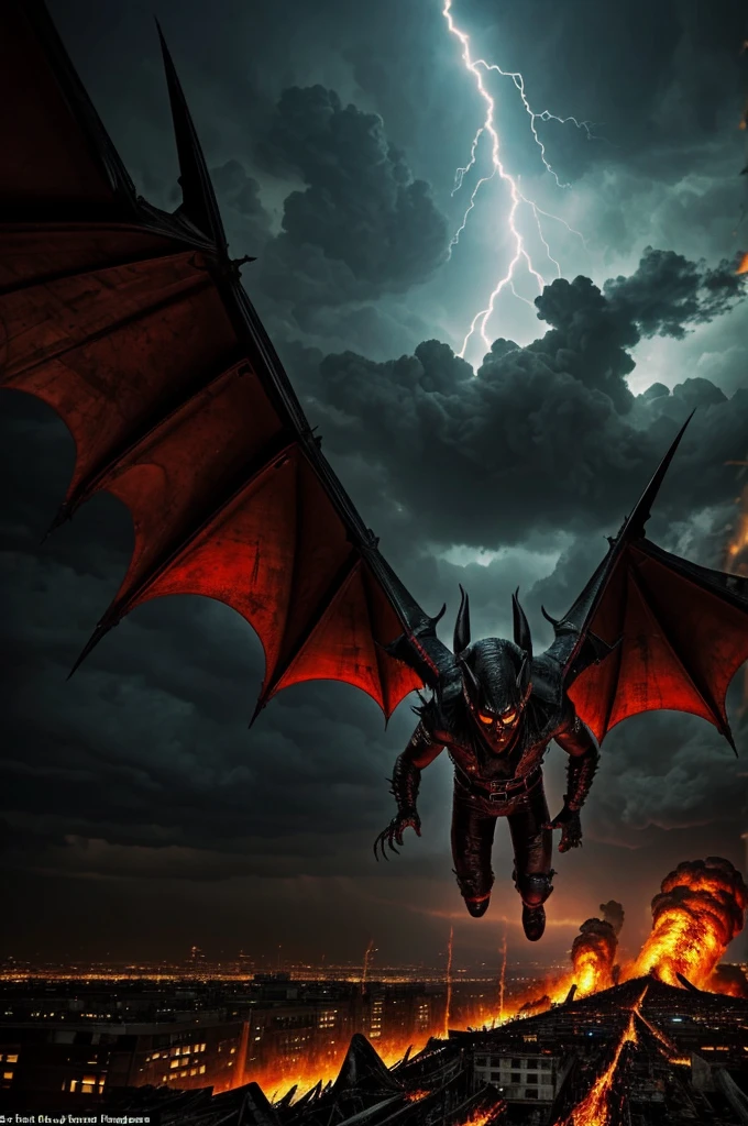 Satan descending to Earth in an apocalyptic scene: dark, stormy skies with lightning, a towering figure with bat-like wings and glowing red eyes, surrounded by flames and scorched ground. Ruins of a city and fleeing humans add to the chaos and dread