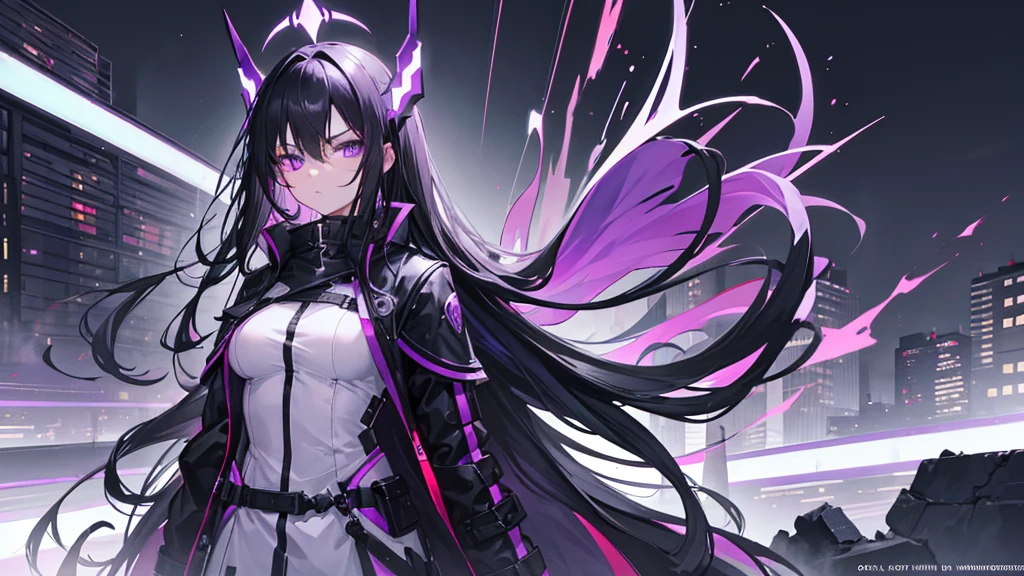 1girl, black long hair, purple eyes, detailed eyes, glaring at viewer, wearing coat, urban ruins, absurdres, high res, ultrasharp, 8K, masterpiece, mature looking, purple aura