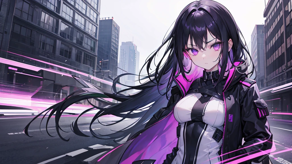 1girl, black long hair, purple eyes, detailed eyes, glaring at viewer, wearing coat, urban ruins, absurdres, high res, ultrasharp, 8K, masterpiece, mature looking, purple aura