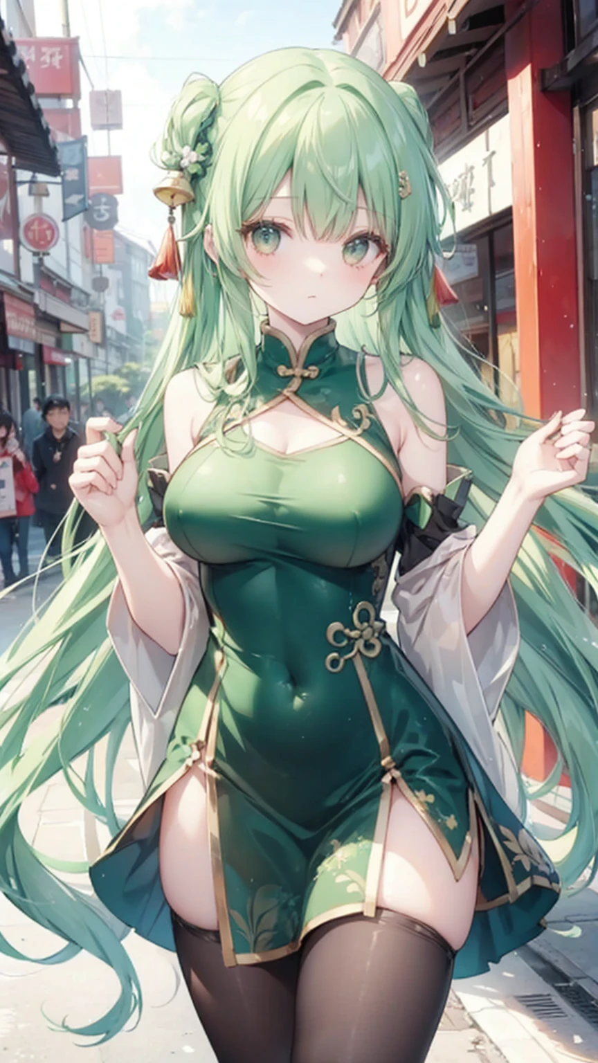 Green Hair、Straight bangs、long hair、China dress、Big Breasts、Chest、Shoulder Bare、tights、China Town