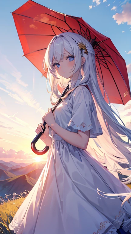 Masterpiece, highres, 1 girl, wallpaper, umbrella. A young beautiful girl with white hair, white skin, blue eyes. She has long hair, her hair blows in the wind. She wears a red beautiful dress, looks at viewer and holds a long umbrella. A breathtaking landscape, with vibrant colors illuminating the sky. The sun is at high noon , casting golden rays across the landscape. The sky is a gradient of warm colors The entire scene is serene and majestic, capturing the beauty of the girl. The landscape is mountain