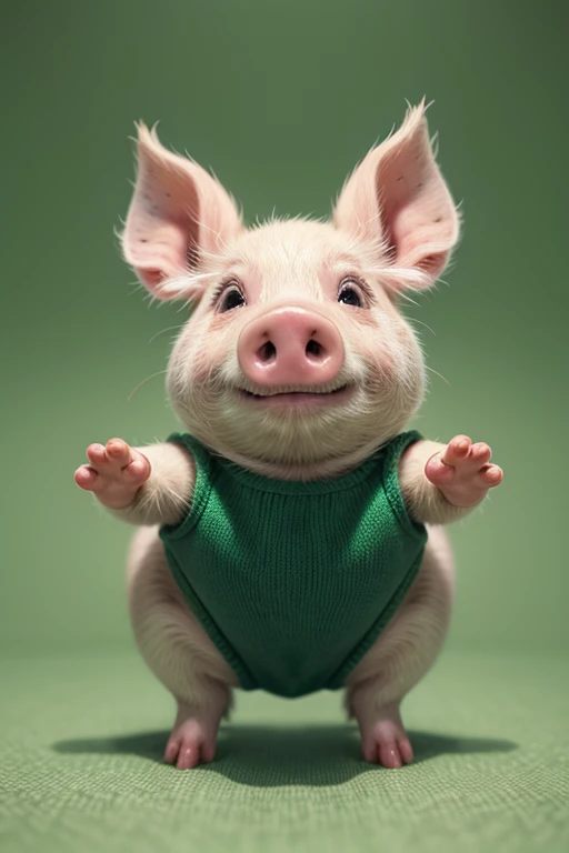 of a little pig dancing happily, green background