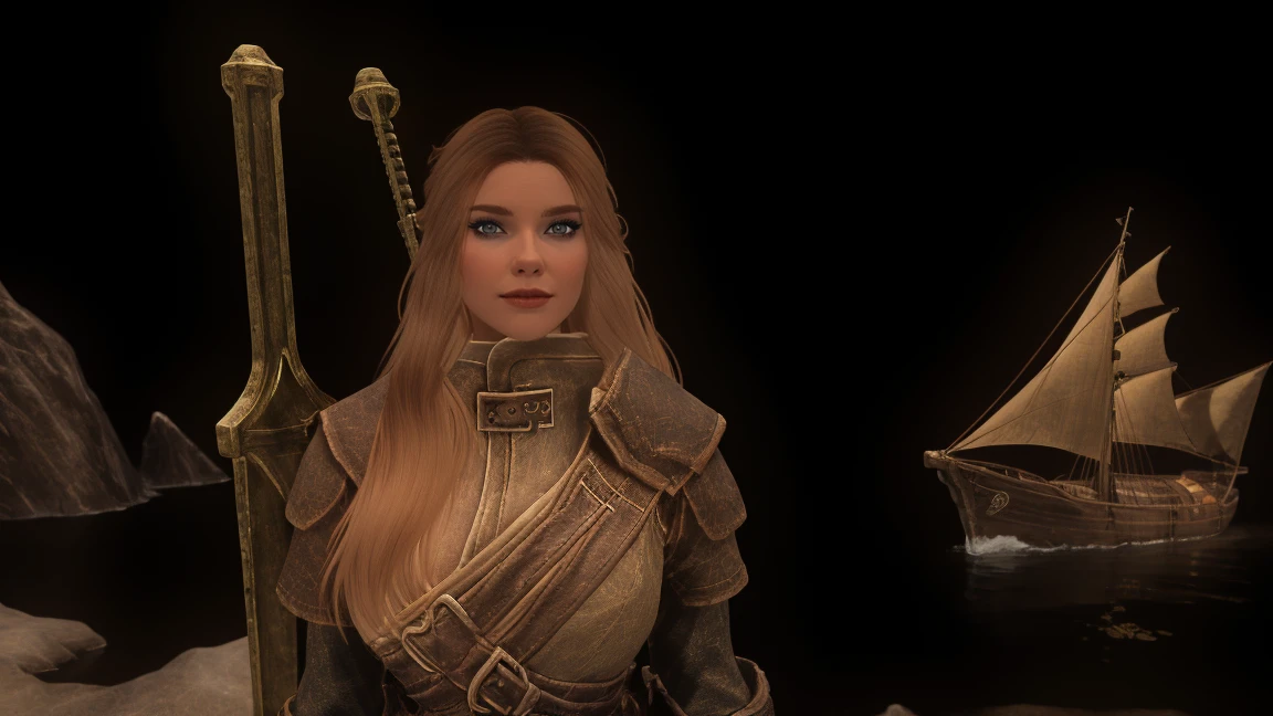 A lone figure, a majestic female Breton, stands at the bow of a ship cutting through the icy waters as it sets sail towards the frozen wilderness of Skyrim. The warmth of her fur-lined cloak and the golden glint of her long hair are contrasted against the chill of the snowy daytime landscape. Her hood is thrown back, revealing a determined gaze, as she gazes out at the horizon. , looking at the viewer, relaxed pose