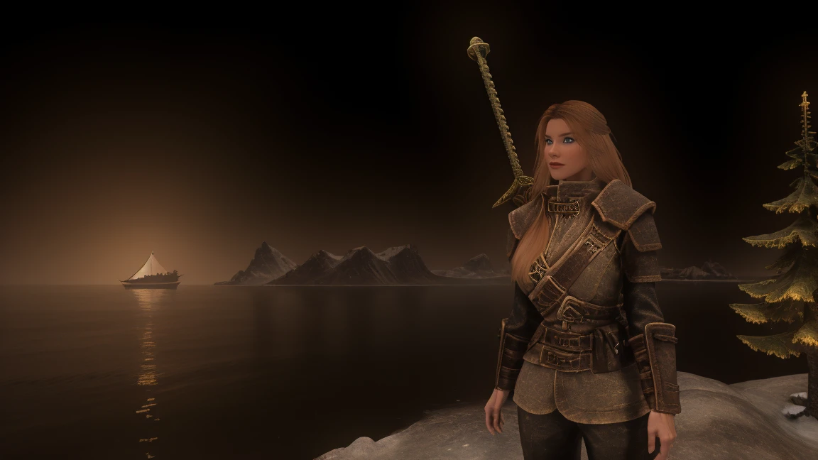 A lone figure, a majestic female Breton, stands at the bow of a ship cutting through the icy waters as it sets sail towards the frozen wilderness of Skyrim. The warmth of her fur-lined cloak and the golden glint of her long hair are contrasted against the chill of the snowy daytime landscape. Her hood is thrown back, revealing a determined gaze, as she gazes out at the horizon. , looking at the viewer, relaxed pose