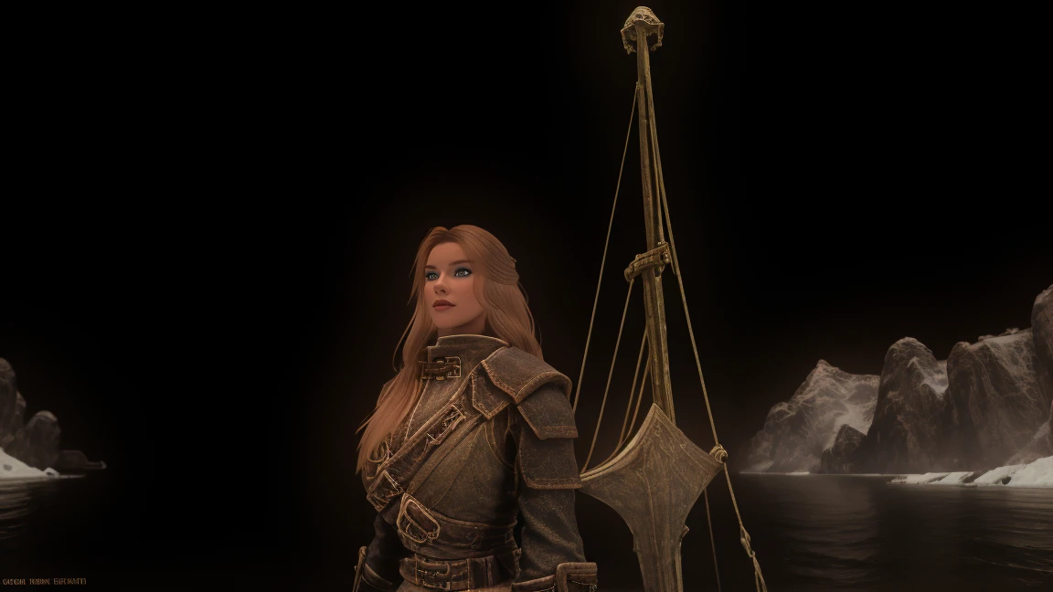 A lone figure, a majestic female Breton, stands at the bow of a ship cutting through the icy waters as it sets sail towards the frozen wilderness of Skyrim. The warmth of her fur-lined cloak and the golden glint of her long hair are contrasted against the chill of the snowy daytime landscape. Her hood is thrown back, revealing a determined gaze, as she gazes out at the horizon. , looking at the viewer, relaxed pose