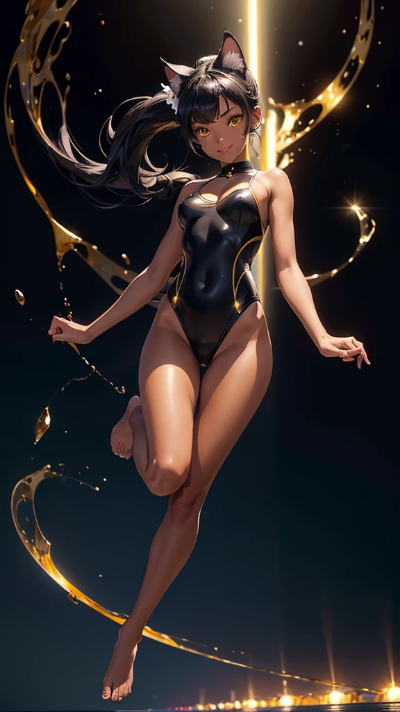 (high resolution, full body, soft skin:1.2),(best illustration,masterpiece:1.2),ultra-detailed,[(cat ears , black inside:1.2, black ponytail hair, gold eyes, cat eyes, dark skin),vivid colors,sharp focus,studio lighting,bokeh, wearing a WHITE Plunge One Piece Swimsuit, pier at night background, smiling, jumping in the air