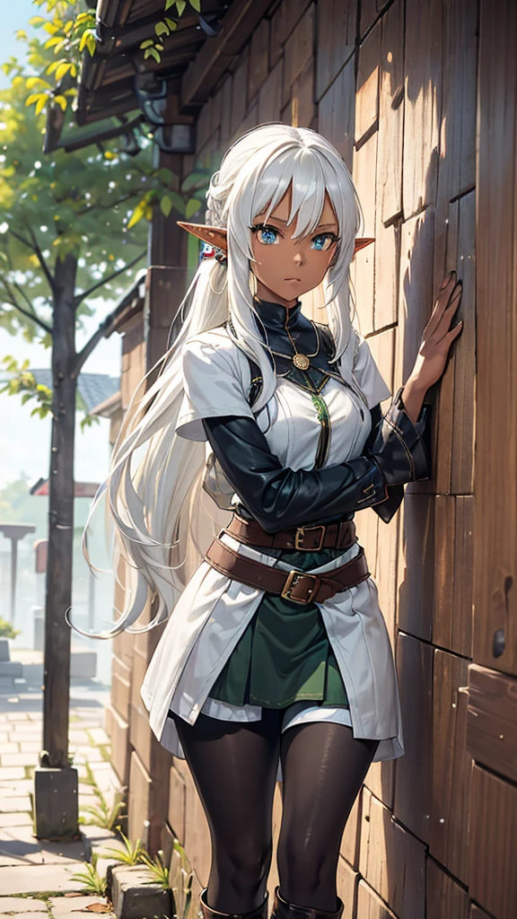 (face focus) (detailed face). Features: An adventurous elf tennager girl, with elven ears, dark skin, brown skinned, a slightly curvy but still flat body and thin waist. She has bright green eyes, big eyes, snow white hair, medium length straight hair, twintail hair style, double ponytail hairstyle and curtain bangs. She has a neutral, apathetic expression on her face. Outfit: She wears black and white adventurer clothes. White coat with buttoned sleeves, a black and white striped shirt underneath, a medium-sized white skirt, a black belt, black pantyhose and brown leather high-boots. Scenario: A dense pine forest by day.
