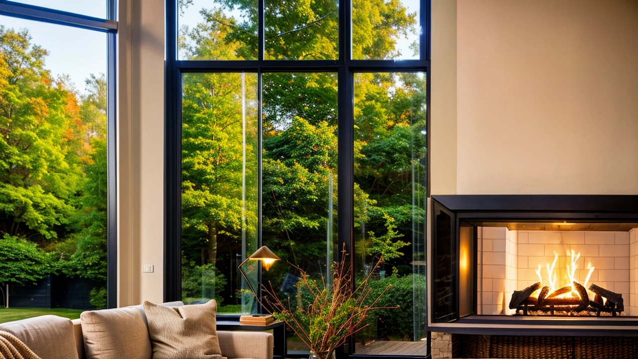 Describe a room in a pleasant house, prepared for a romantic dinner by the warm glow of candles and the fireplace, with a large television and expansive windows offering a view of the serene outdoors. The interior of the house is meticulously crafted from carefully selected and blended wood, striking a balance between modernism and sophistication. The room is not cluttered with excessive furniture, creating an intimate atmosphere by the fireplace. The scene is set for a cozy evening, with the ambiance perfect for a romantic occasion, capturing the imagination and stirring the soul, 4k