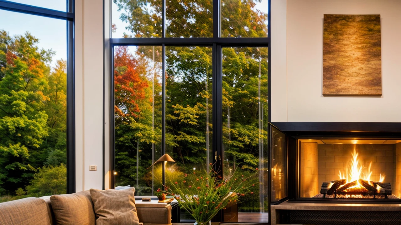 Describe a room in a pleasant house, prepared for a romantic dinner by the warm glow of candles and the fireplace, with a large television and expansive windows offering a view of the serene outdoors. The interior of the house is meticulously crafted from carefully selected and blended wood, striking a balance between modernism and sophistication. The room is not cluttered with excessive furniture, creating an intimate atmosphere by the fireplace. The scene is set for a cozy evening, with the ambiance perfect for a romantic occasion, capturing the imagination and stirring the soul, 4k