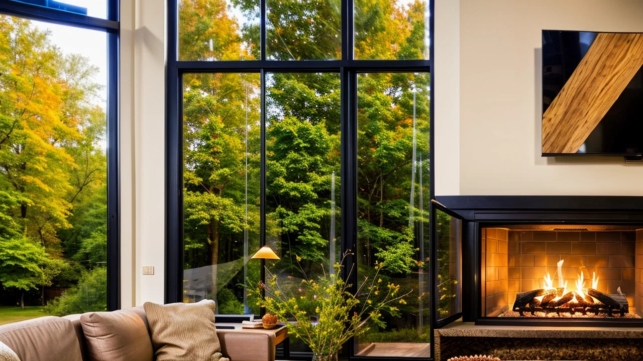 Describe a room in a pleasant house, prepared for a romantic dinner by the warm glow of candles and the fireplace, with a large television and expansive windows offering a view of the serene outdoors. The interior of the house is meticulously crafted from carefully selected and blended wood, striking a balance between modernism and sophistication. The room is not cluttered with excessive furniture, creating an intimate atmosphere by the fireplace. The scene is set for a cozy evening, with the ambiance perfect for a romantic occasion, capturing the imagination and stirring the soul, 4k