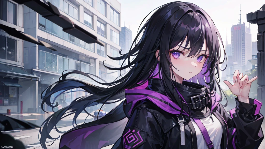 1girl, black long hair, purple eyes, detailed eyes, glaring at viewer, wearing coat, urban ruins, absurdres, high res, ultrasharp, 8K, masterpiece, mature looking