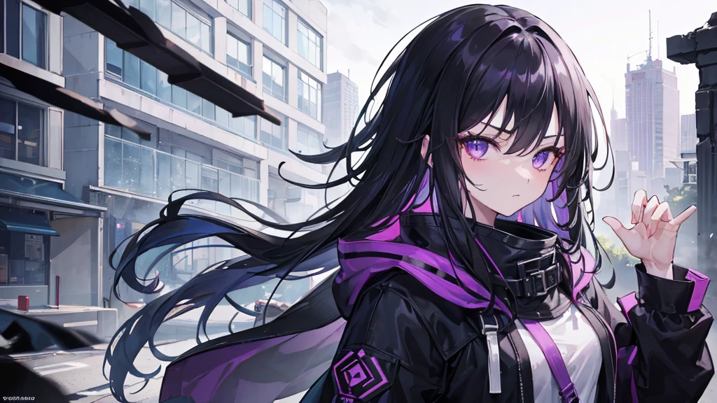 1girl, black long hair, purple eyes, detailed eyes, glaring at viewer, wearing coat, urban ruins, absurdres, high res, ultrasharp, 8K, masterpiece, mature looking