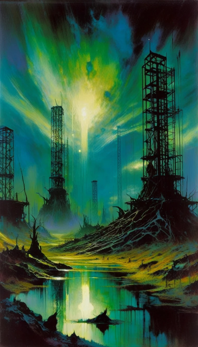 great landscape, dead world theme, contaminated world, only metal structures left as a memory, no vegetation, contaminated water, dark world, spectacular otherworldly sky, mutant monsters on stage (art inspired by Bill Sienkiewicz ). oil painting)