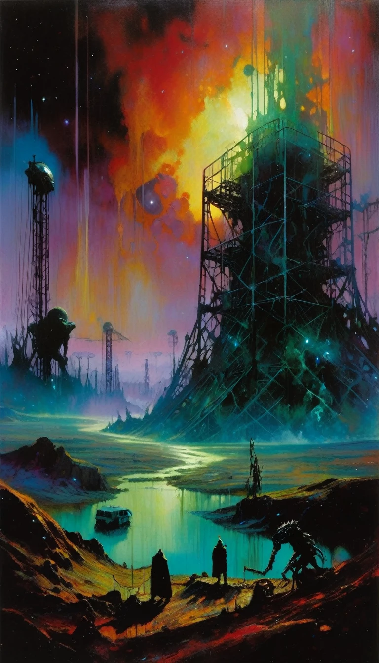 great landscape, dead world theme, contaminated world, only metal structures left as a memory, no vegetation, contaminated water, dark world, spectacular otherworldly sky, mutant monsters on stage (art inspired by Bill Sienkiewicz ). oil painting)