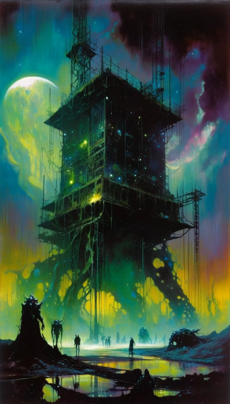 great landscape, dead world theme, contaminated world, only metal structures left as a memory, no vegetation, contaminated water, dark world, spectacular otherworldly sky, mutant monsters on stage (art inspired by Bill Sienkiewicz ). oil painting)