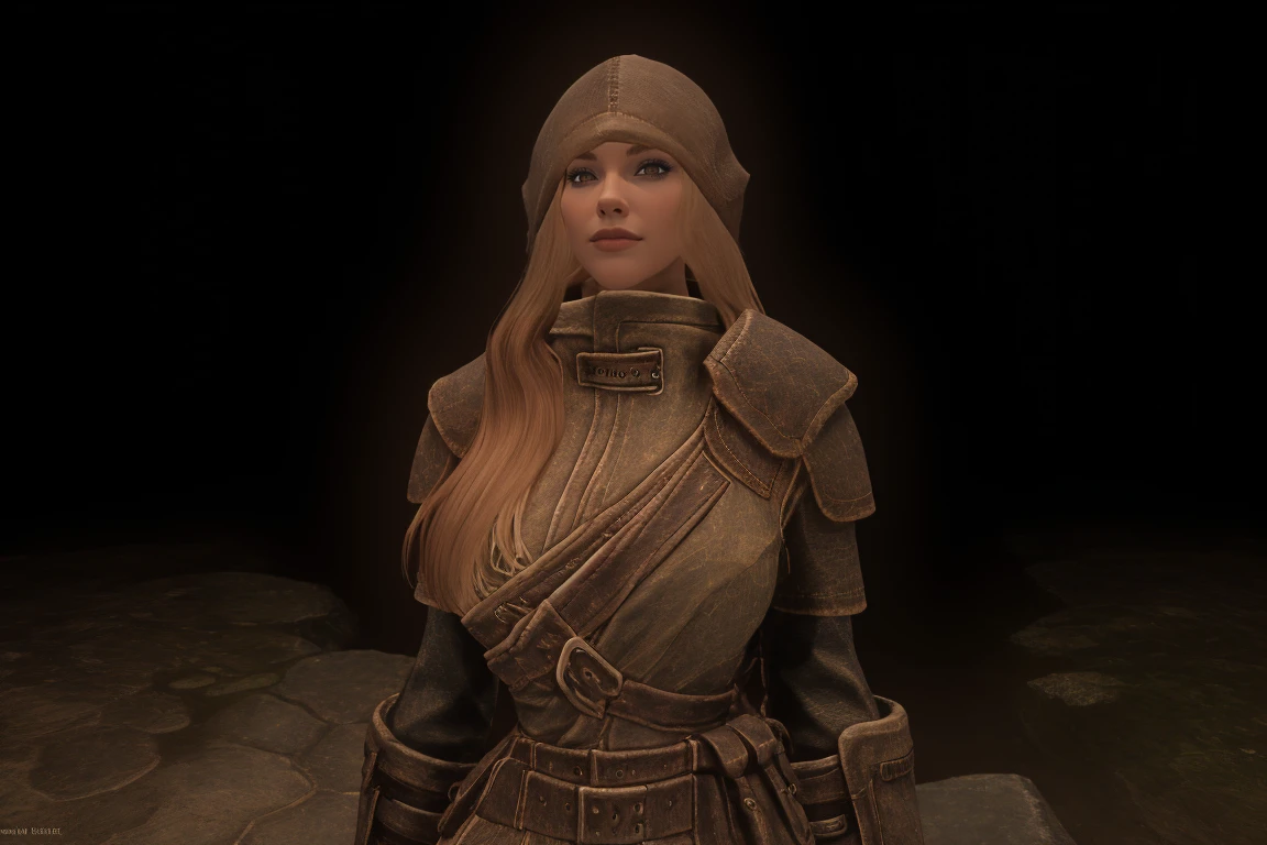 A majestic female Breton stands at the the ship, her long, blond hair whipping in the rain-soaked wind. She wears a worn leather hood, its edges flapping open to reveal her determined expression. The grey sky above is reflected in the calm waters, as the ship cuts through the misty veil shrouding the horizon, bound for the mystical realm of Skyrim, looking at the viewer, relaxed pose