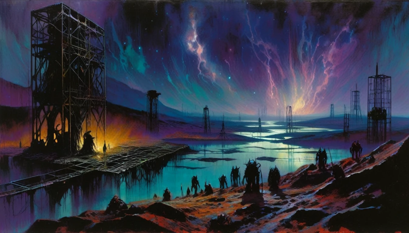 great landscape, dead world theme, contaminated world, only metal structures left as a memory, no vegetation, contaminated water, dark world, spectacular otherworldly sky, mutant monsters on stage (art inspired by Bill Sienkiewicz ). oil painting)