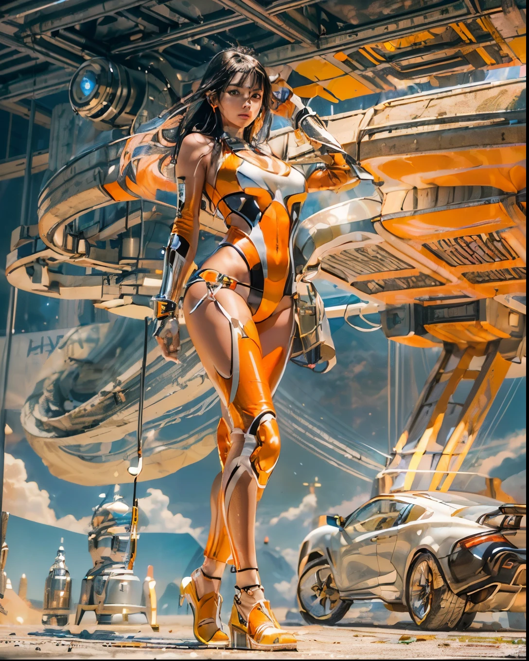 (((low angle shot))), ((1 woman staring at camera in a one piece ultra thin translucent bikini with gorgeous muscular long legs)), ((white gold orange black)), prismatic, reflective, ((ultra perfect flowing hairstyle)), (((huge natural breasts))), ((perfect radiant skin color)), ((super colourful)), (((cinematic sunset gorgeous skies))), (((detailed spaceship background and incredibly sci-fi retro art masterpiece))), (((1:1 scale proportions))), ((science fiction)), ((chrome spaceships)), (((ultra photorealistic realism))), ((Smooth curves, clean lines, streamlined, functional aesthetics, reflective surfaces, integrated lighting, giant floating spaceships, engraved Egyptian and spiritual motifs)), ((acrylic plastic motorcycle))