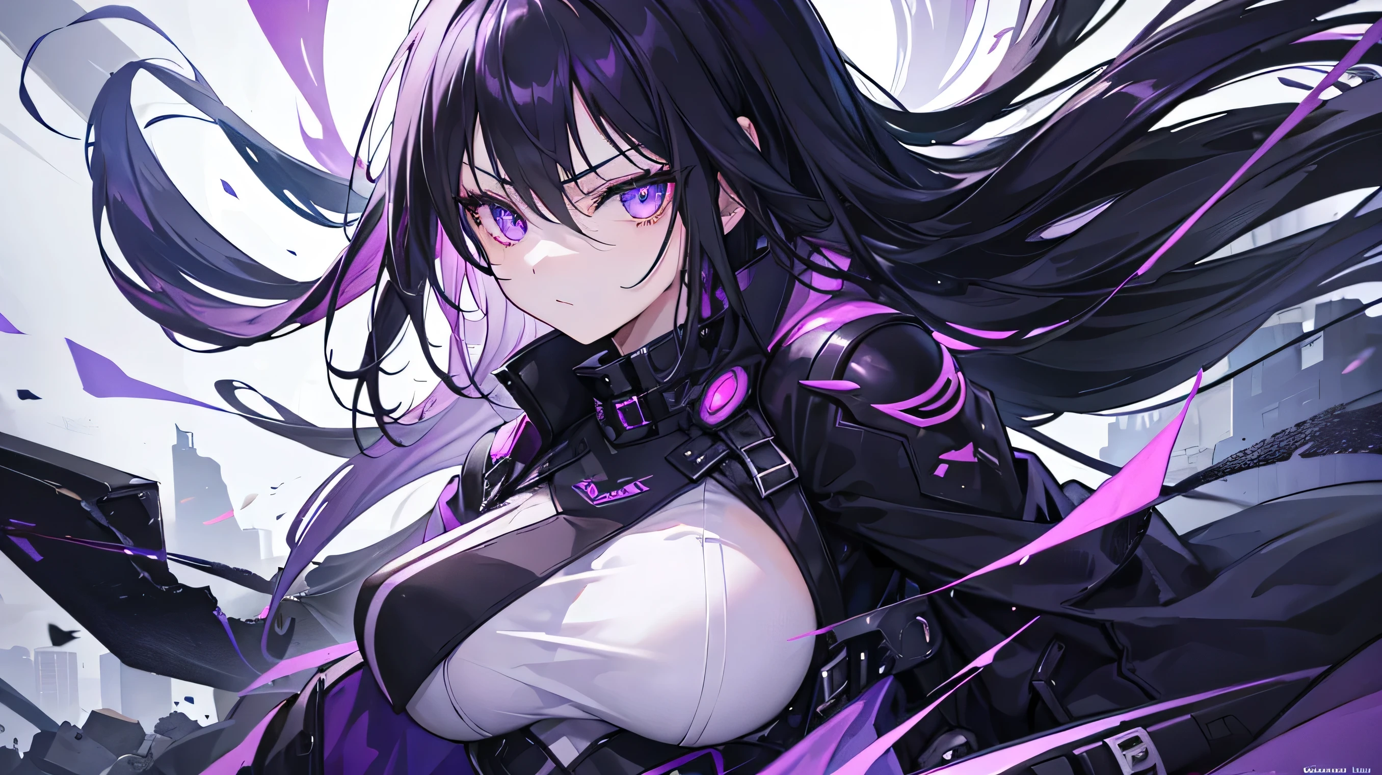 1girl, black long hair, purple eyes, detailed eyes, glaring at viewer, wearing coat, urban ruins, absurdres, high res, ultrasharp, 8K, masterpiece, mature looking, purple aura