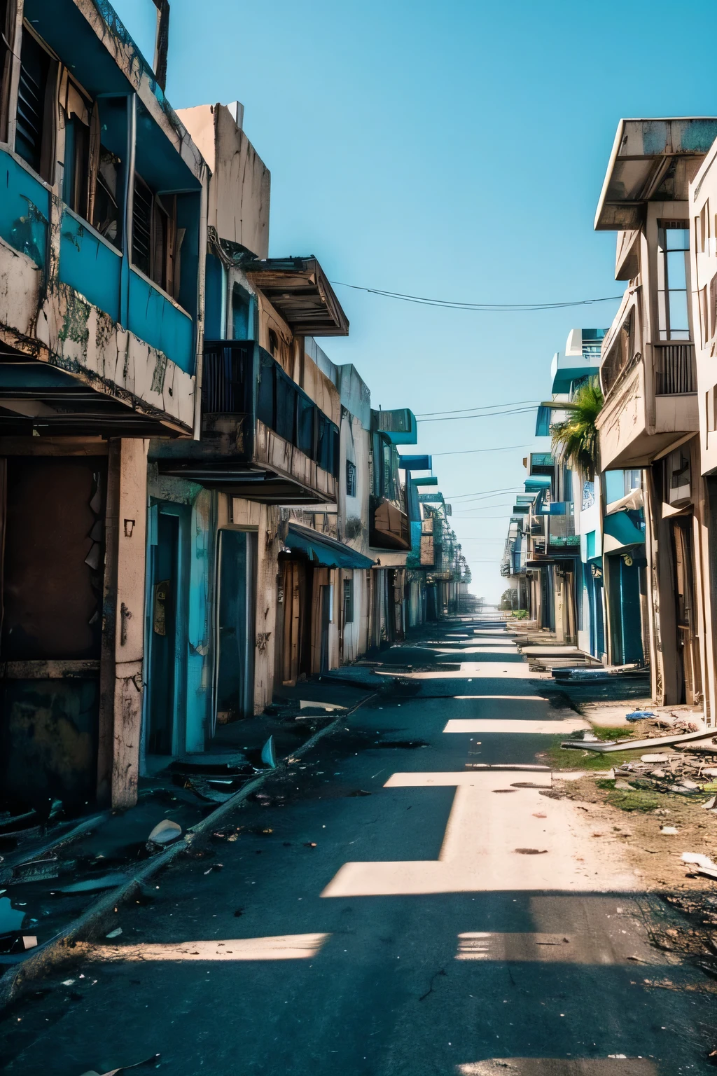 A background image of downtown in an abandoned futuristic island town. masterpiece, dark