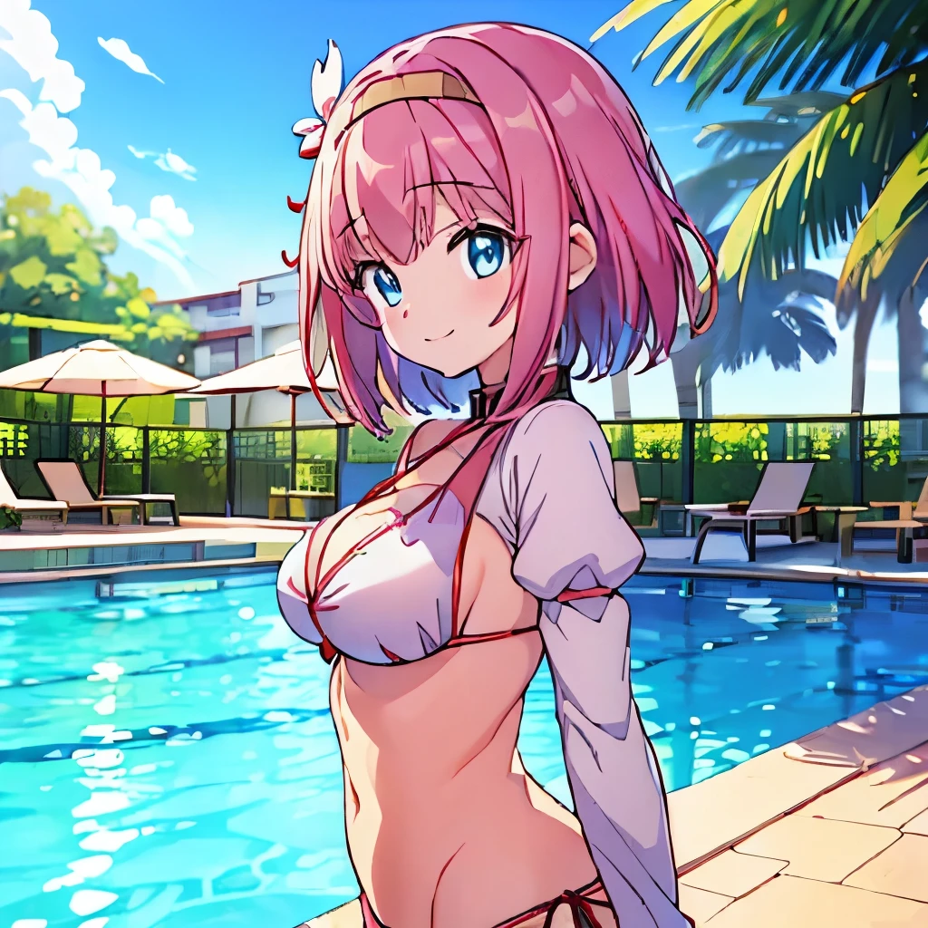 ((masterpiece)), ((best quality)), (ultra-detailed), anime style, pool, a cute girl, 1girl, solo, ((beautiful eyes)), smile, bikini00,