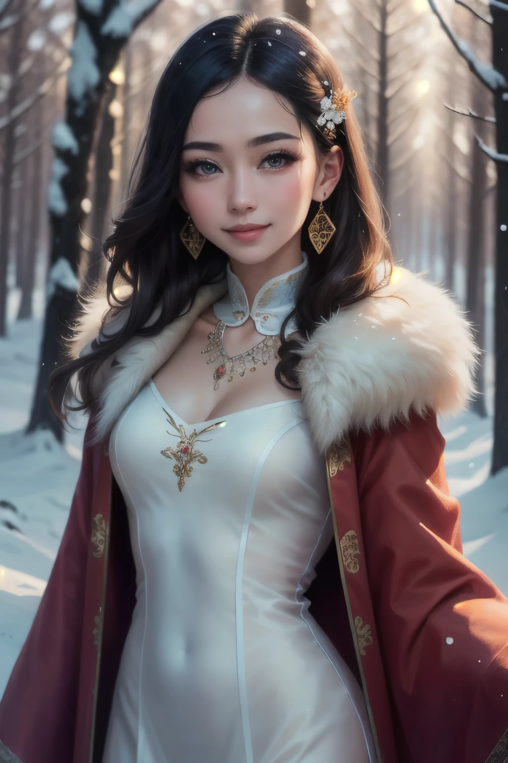 best quality, masterpiece, highres, 1girl, transparent silk china dress, fur coat, hair ornament, smile, closed mouth,lips, dress,hair ornament, necklace, jewelry, chinese clothes, long hair, earrings, detailed beautiful eyes,detailed eyelash, Beautiful face,upon_body, tyndall effect,photorealistic, rim lighting, two tone lighting,(high detailed skin:1.2), 8k uhd, dslr, soft lighting, high quality, volumetric lighting, candid, Photograph, high resolution, 4k, 8k, Bokeh, in forest, falling snow, winter, afternoon