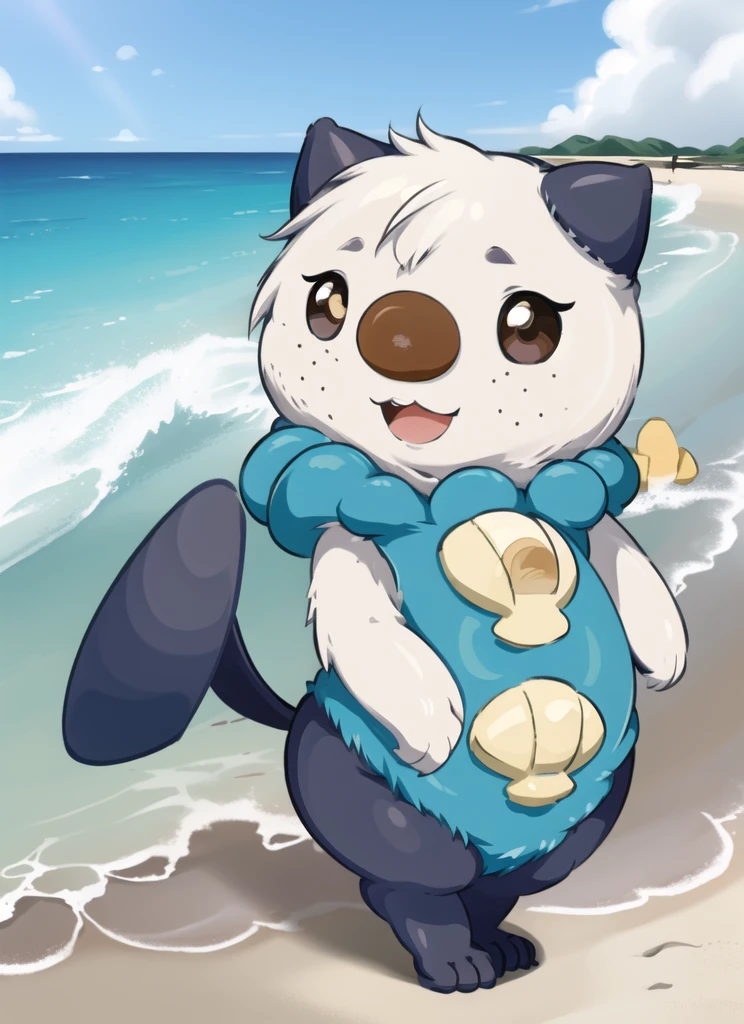 oshawott, furry, chibi, black eyes, solo, seashell, body fur, (best quality), beach background, detailed fluffy fur, looking at viewer, whiskers, smile, nose, (tail:1.1),